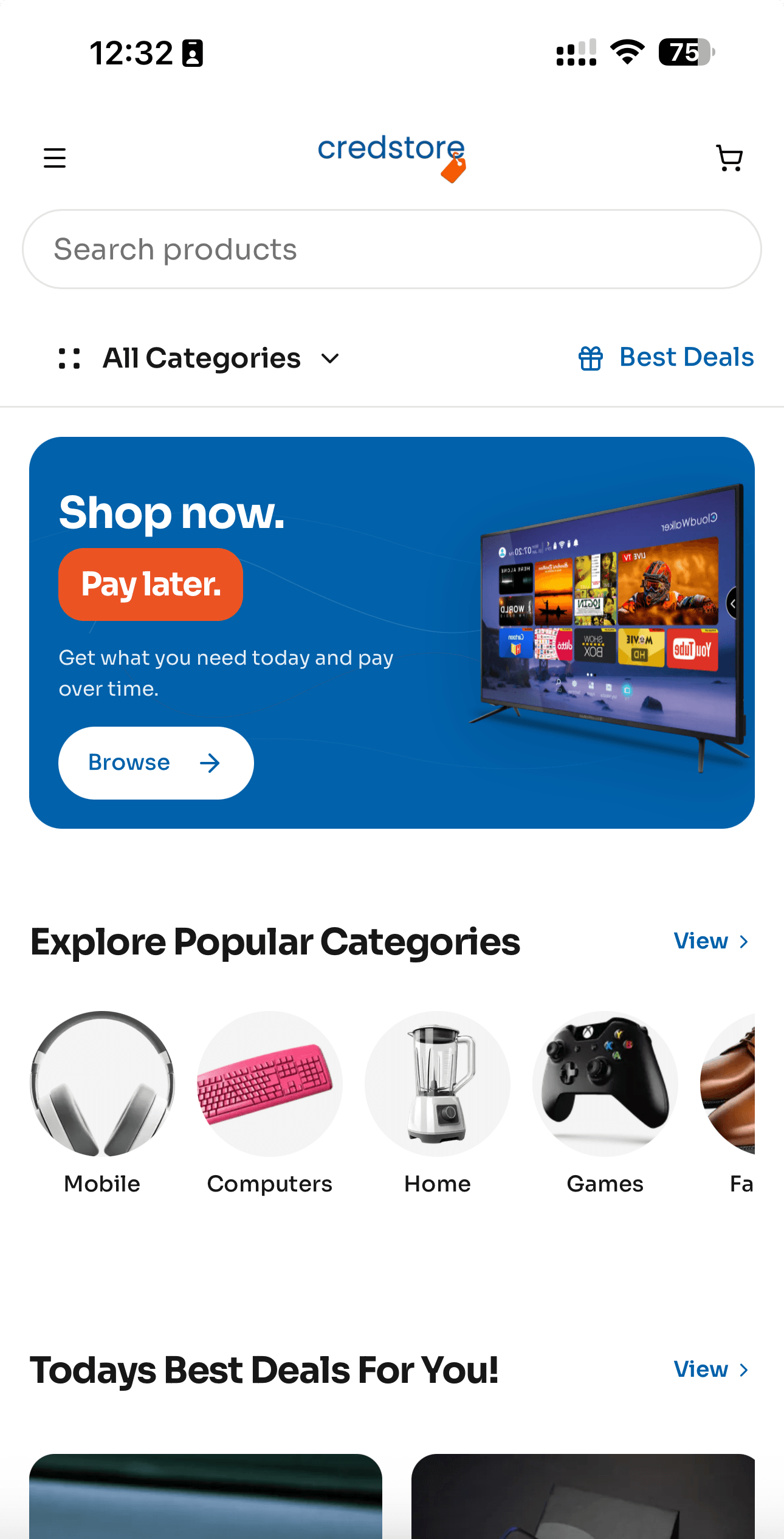 The Credstore app showing categories and instalment options