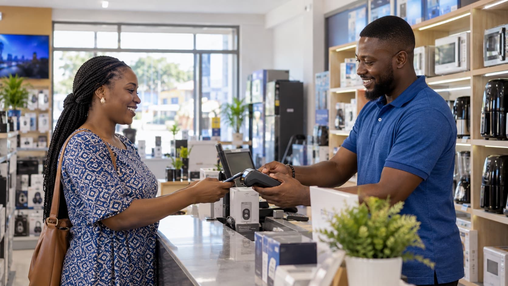 A merchant taking a customer's payment at a shop counter